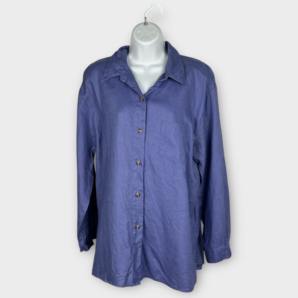 Real Comfort Blue‎ Linen Blouse Women’s Large Collared Long Sleeve